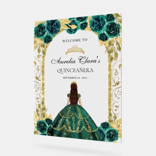 Smaragd Groen Prinses Bloemen Quinceañera Verjaard Acryl Bord (Hoek)