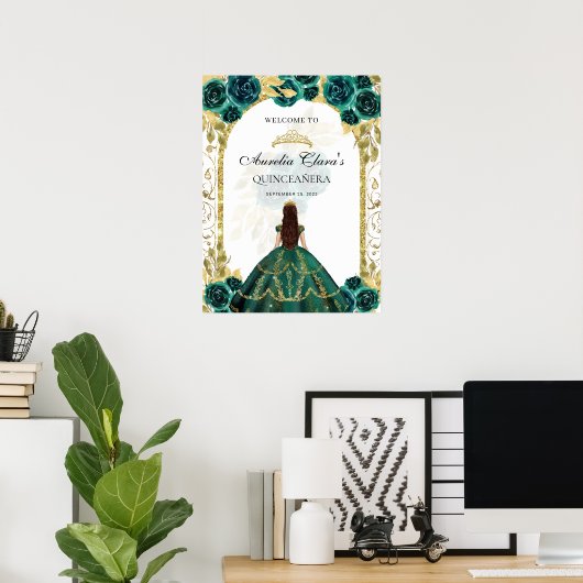 Smaragd Groen Prinses Bloemen Quinceañera Verjaard Poster (Thuiskantoor)