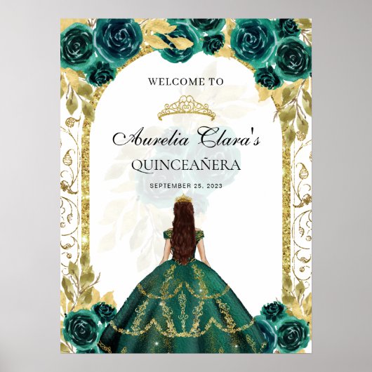 Smaragd Groen Prinses Bloemen Quinceañera Verjaard Poster (Voorkant)