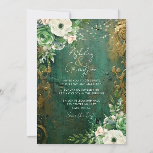 Smaragd Groen Romantisch Bloemen Bruiloft Save The Date (Voorkant)
