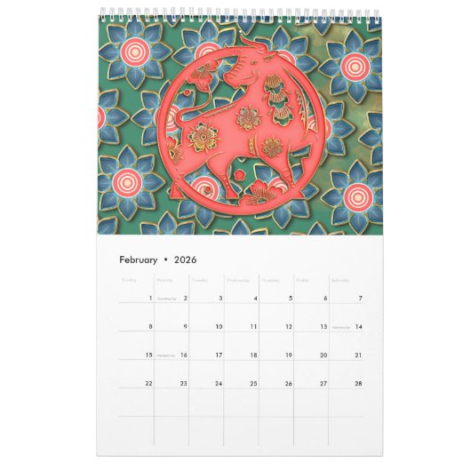 Smaragd Groen Rood Goud 12 Chinese Zodiac Tekens Kalender (Feb 2026)