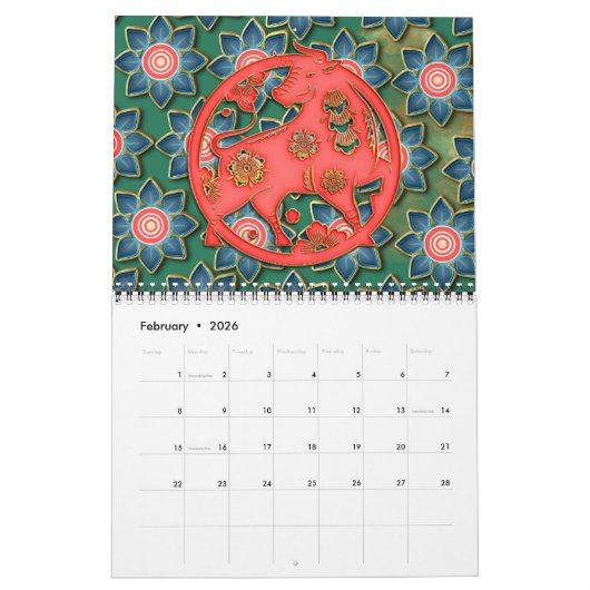 Smaragd Groen Rood Goud 12 Chinese Zodiac Tekens Kalender (Feb 2026)