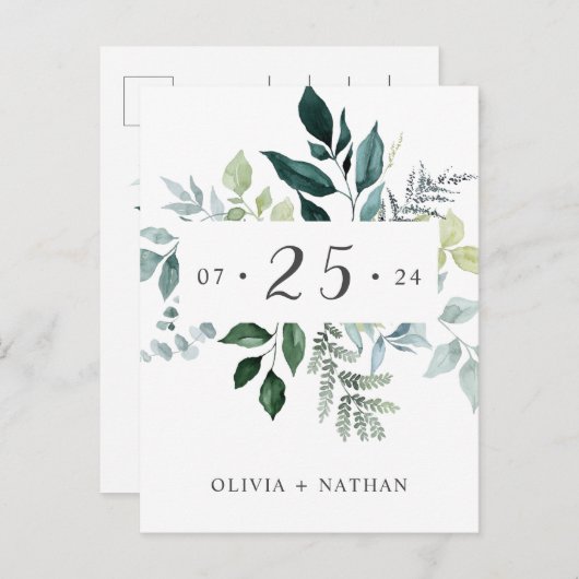Smaragd groen rustieke bladeren sparen de datum uitnodiging briefkaart (Voorkant / Achterkant)