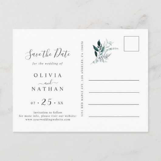 Smaragd groen rustieke bladeren sparen de datum uitnodiging briefkaart (Achterkant)