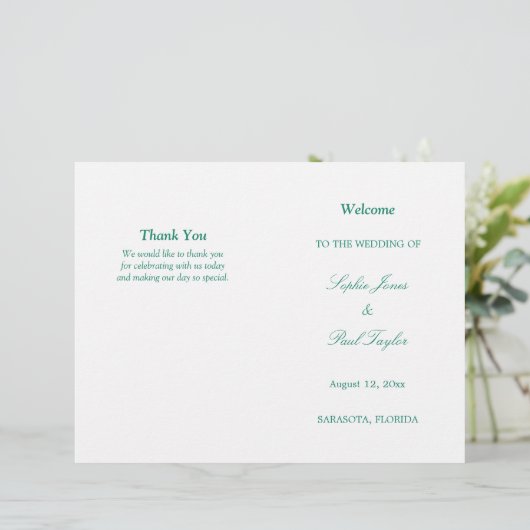 Smaragd Groen Script Bi-Fold Huwelijksprogramma (Staand voorkant)