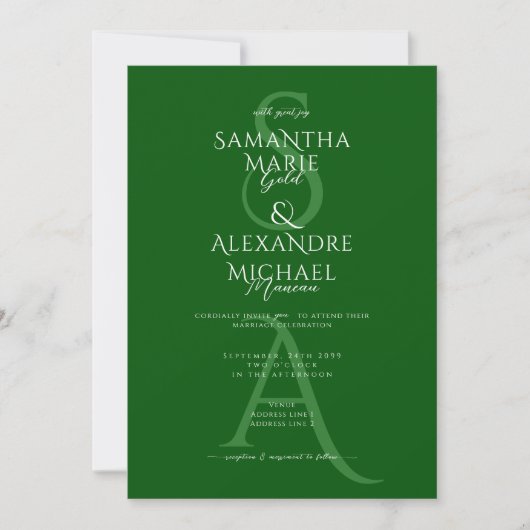 Smaragd Groen Script Hedendaags Monogram Bruiloft Kaart (Voorkant)