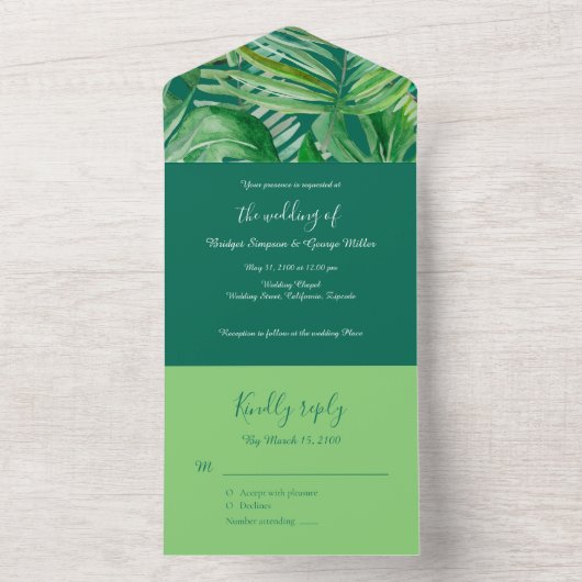 Smaragd groen tropische bruiloft all in one uitnodiging (Binnen)