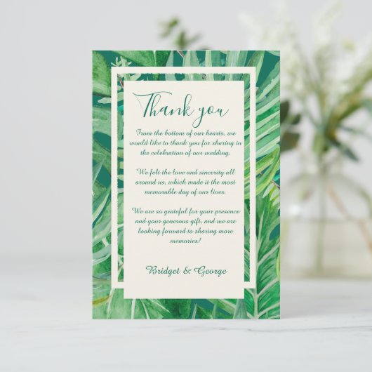 Smaragd groen tropische bruiloft bedankkaart (Staand voorkant)