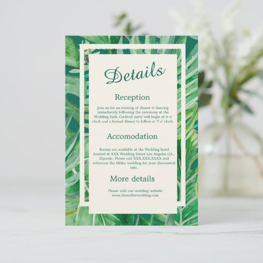 Smaragd groen tropische bruiloft informatiekaartje (Staand voorkant)