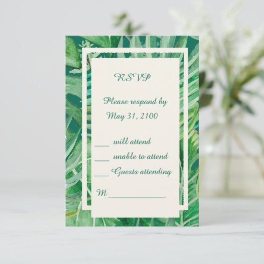 Smaragd groen tropische bruiloft RSVP kaartje (Staand voorkant)