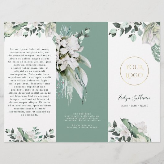 Smaragd groen witte bloemen elegante brochure (Voorkant)