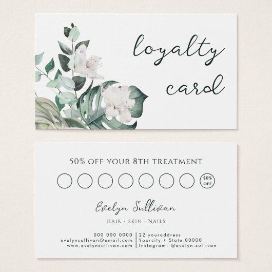 Smaragd groen Witte bloemen Loyaliteit kaart (Voorkant /achterkant)