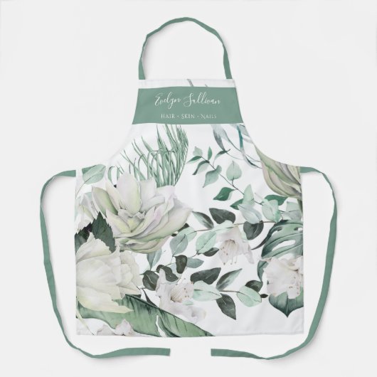 Smaragd groen witte bloemen schoonheid professiona schort (Voorkant)