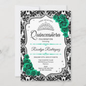 Smaragd Groen Zilver Elegant Damast Quinceanera Kaart (Voorkant)