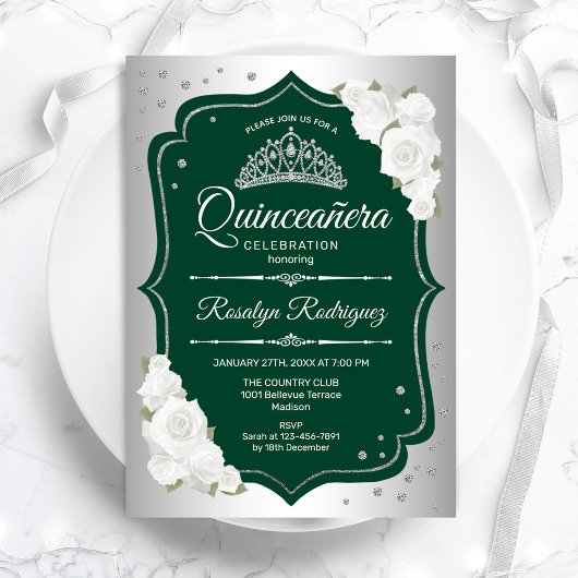 Smaragd Groen Zilver Elegant Quinceanera Kaart