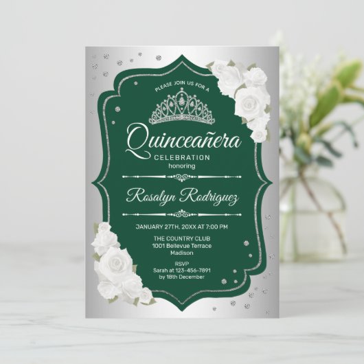 Smaragd Groen Zilver Elegant Quinceanera Kaart (Staand voorkant)