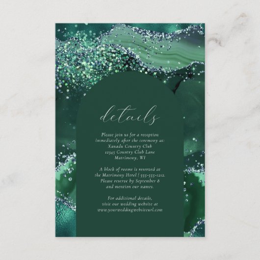 Smaragd Groen Zilver Glitter Boog Bruiloft Details Informatiekaartje (Voorkant)