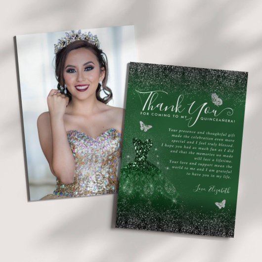Smaragd Groen Zilver Glitter Quinceanera Foto Bedankkaart