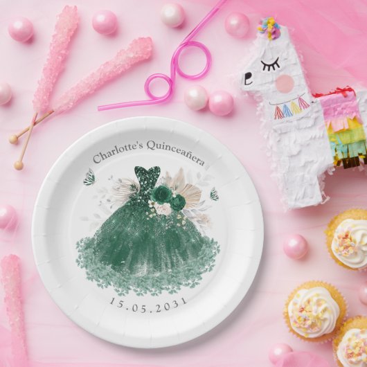 Smaragd Groen Zilver Quinceanera Prinses Jurk Papieren Bordje (Feest)