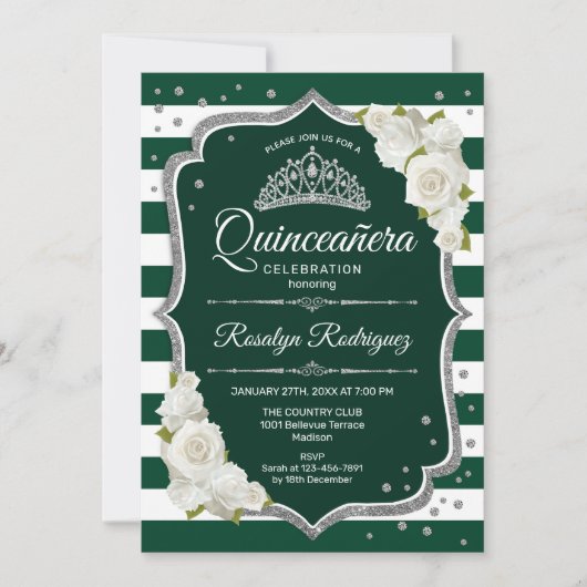 Smaragd Groen Zilver Wit Elegant Quinceanera Kaart (Voorkant)