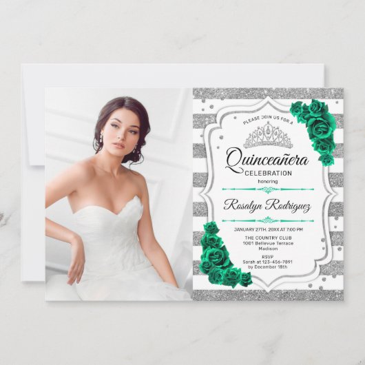 Smaragd Groen Zilver Wit Foto Quinceanera Kaart (Voorkant)