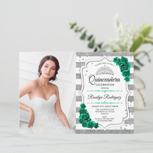 Smaragd Groen Zilver Wit Foto Quinceanera Kaart (Staand voorkant)