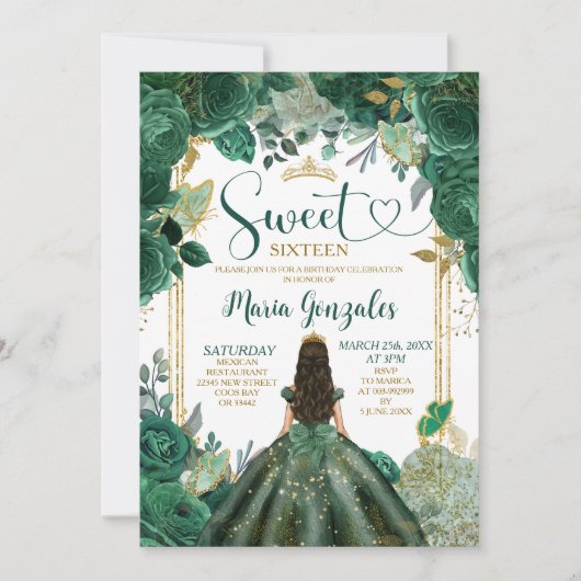 Smaragd Groen Zoet Zestien Gouden Kroon Verjaardag Kaart (Voorkant)