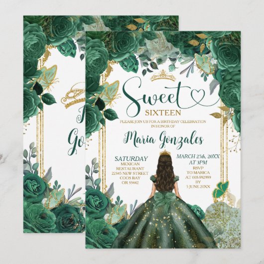 Smaragd Groen Zoet Zestien Gouden Kroon Verjaardag Kaart (Voorkant / Achterkant)