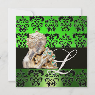 SMARAGD GROEN, ZWART, WIT DAMAST JEWEL INITIALEN KAART