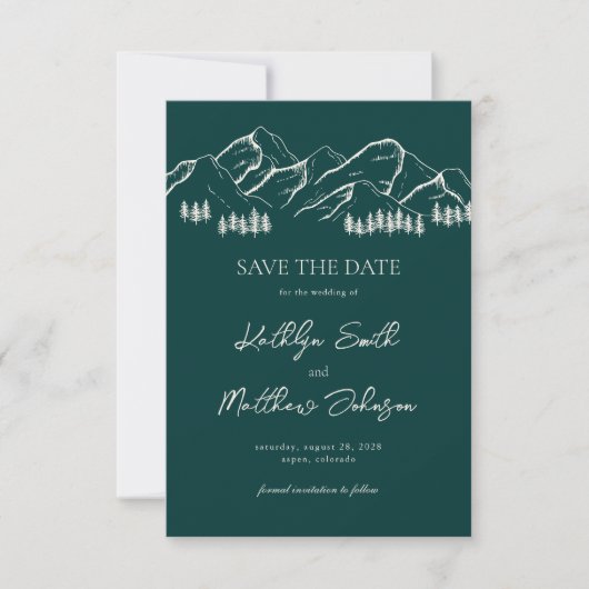 Smaragd Groene Berg Pine Tree Outdoor Bruiloft Save The Date (Voorkant)