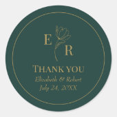 Smaragd Groene Bloemen Monogram Bruiloft Dank u Ronde Sticker (Voorkant)