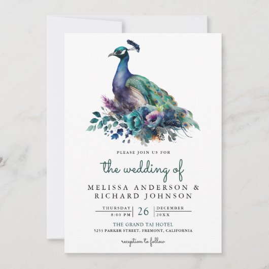 Smaragd Groene Bloemen Peacock Foto QR Code Bruilo Kaart (Voorkant)