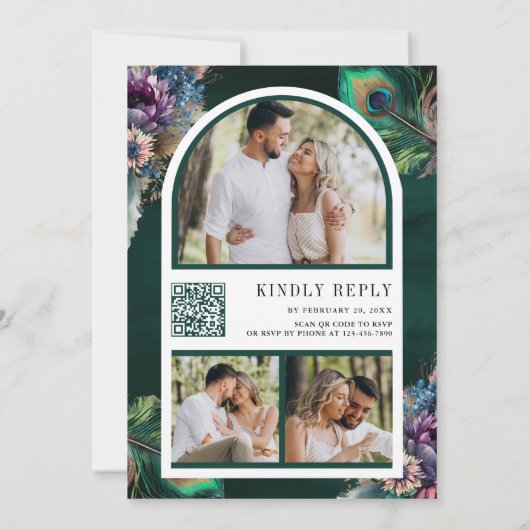 Smaragd Groene Bloemen Peacock Foto QR Code Bruilo Kaart (Achterkant)