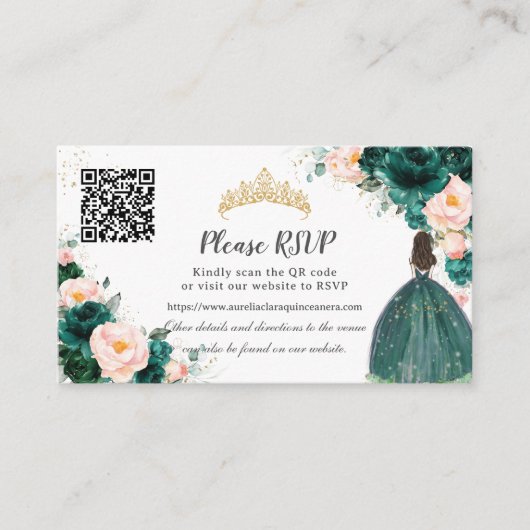 Smaragd Groene Blush Bloemen Quinceañera QR Code Informatiekaartje (Voorkant)