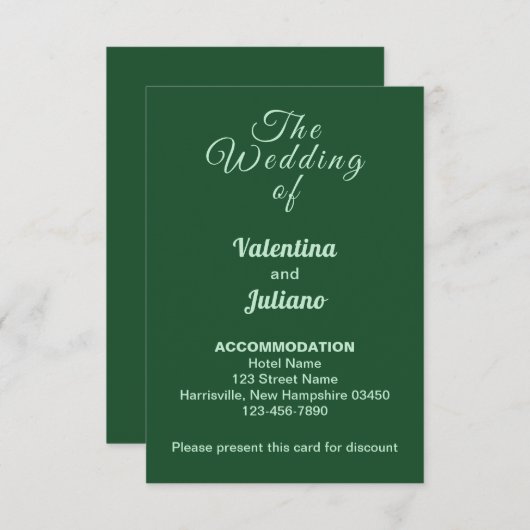 Smaragd Groene Bruiloft Accommodatie Portret Informatiekaartje (Voorkant / Achterkant)