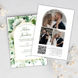 Smaragd Groene Foto QR Code Bloemen Bruiloft Kaart