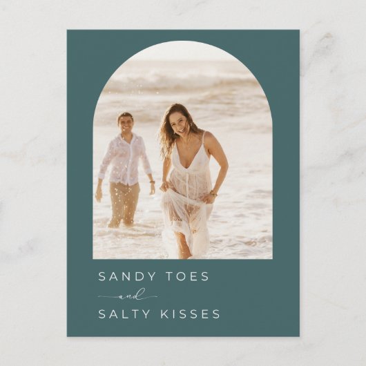 Smaragd Groene Foto Strand Bruiloft Save the Date Aankondigingskaart (Voorkant)
