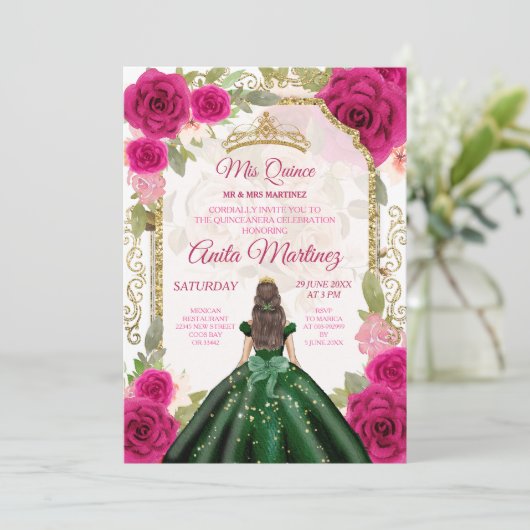 Smaragd Groene Jurken Fuschia Roze Mis Quince Kaart (Staand voorkant)