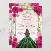 Smaragd Groene Jurken Fuschia Roze Mis Quince Kaart (Voorkant / Achterkant)