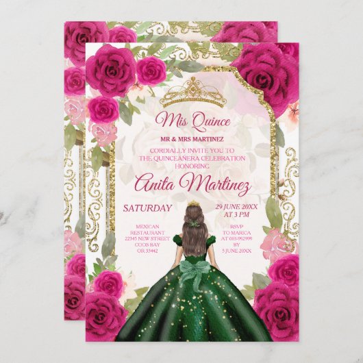 Smaragd Groene Jurken Fuschia Roze Mis Quince Kaart (Voorkant / Achterkant)