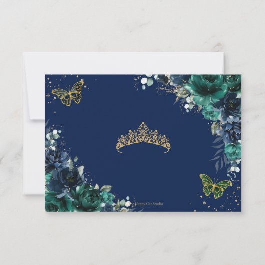 Smaragd Groene Marine Bloemen Vlinders Quinceañera RSVP Kaartje (Achterkant)