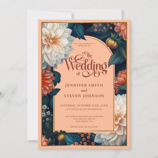 Smaragd Groene Pastel Peach Dahlia Herfst Bruiloft Kaart (Voorkant)