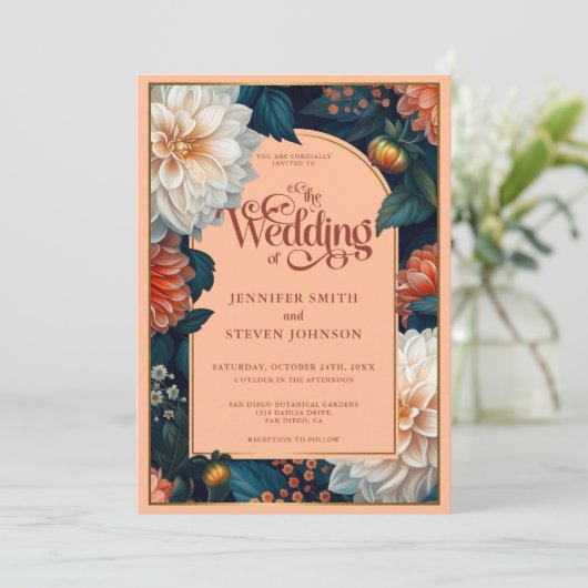 Smaragd Groene Pastel Peach Dahlia Herfst Bruiloft Kaart (Staand voorkant)