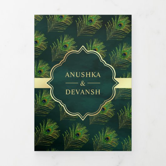 Smaragd Groene Peacock Veren QR Code Bruiloft Drieluik Uitnodiging (Cover)