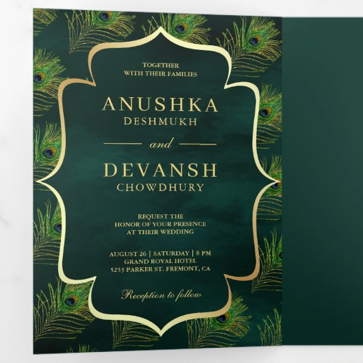 Smaragd Groene Peacock Veren QR Code Bruiloft Drieluik Uitnodiging (Binnenzijde eerst)
