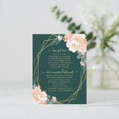 Smaragd Groene Perzik Bloemen Goud Bruiloft Detail Informatiekaartje (Staand voorkant)