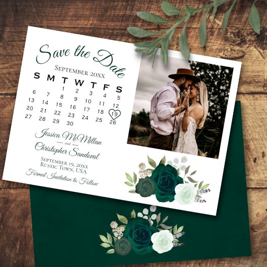 Smaragd Groene Rozen Trouwkalender & Foto Save The Date
