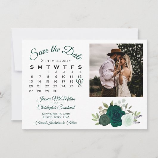 Smaragd Groene Rozen Trouwkalender & Foto Save The Date (Voorkant)