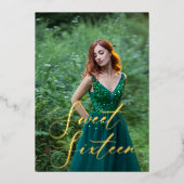 Smaragd Groene Strass Goud Zoet 16 Foto Folie Uitnodiging (Voorkant)