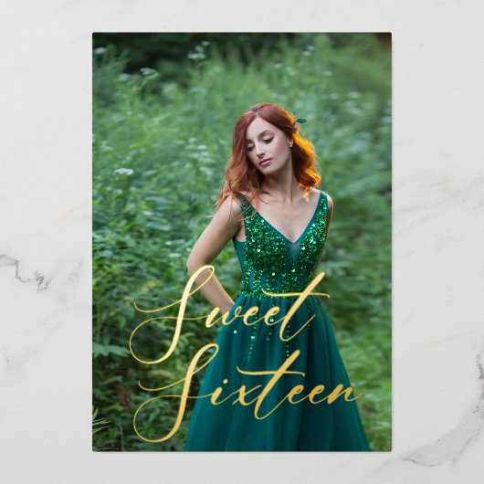 Smaragd Groene Strass Goud Zoet 16 Foto Folie Uitnodiging (Voorkant)